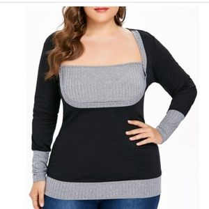 Color Block Square Neck Long Sleeve Shirt